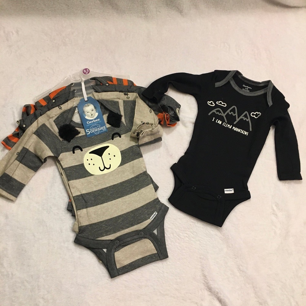 Gerber Onesies Bodysuits Baby 0-3M New 5-Pack Long Sleeve Bear Mountain